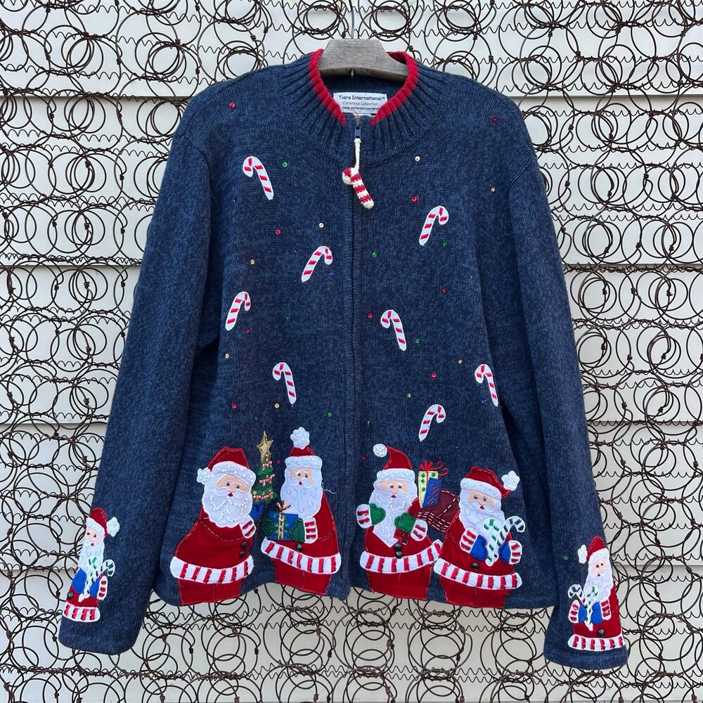 Vintage Y2K Tiara International Jolly Santa Cardigan Sweater Christmas Winter XL